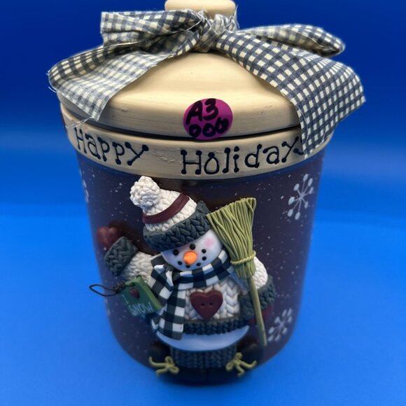 Happy Holidays 3D Snowman Ceramic Cookie Jar Lid Bow 7" Brown Snowflake Design - Picture 12 of 12